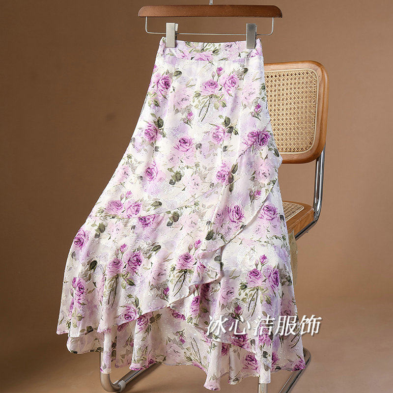 高腰薄款碎花雪纺鱼尾裙半身裙女夏季2025新款不规花裙子半裙长裙