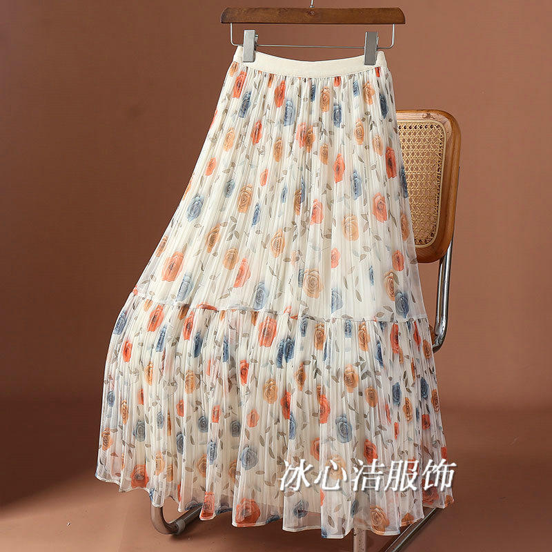 玫瑰印花网纱蛋糕裙半身裙女春夏2025新款高腰显瘦仙女百褶裙长裙