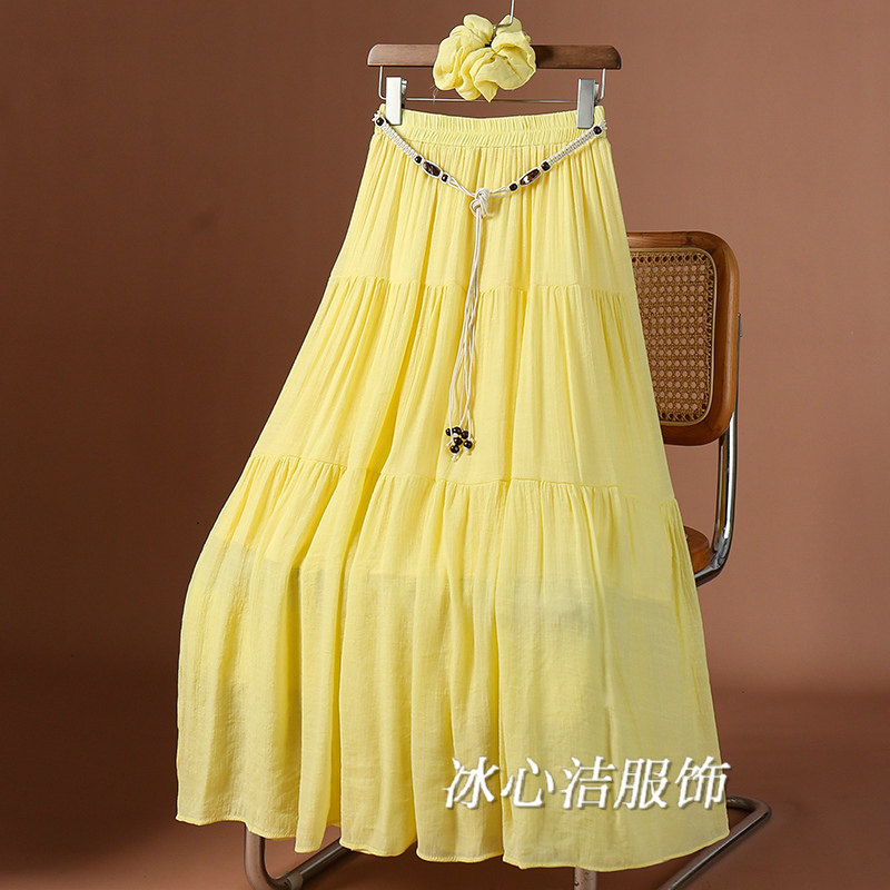 夏天黄色国风绑带仿棉麻大摆半身裙女夏季2025新款垂感显瘦a字长