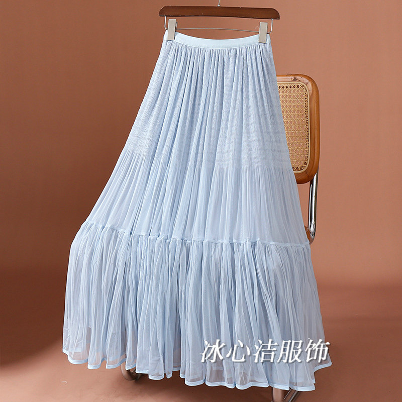 2026早春新款褶皱网纱半身裙女中长款A字蛋糕纱裙仙女裙子蓬蓬裙