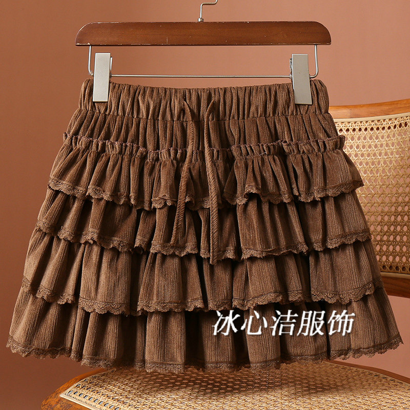 秋冬咖色复古层层丝绒蛋糕短裙女2025新款小个子松紧腰花边半身裙