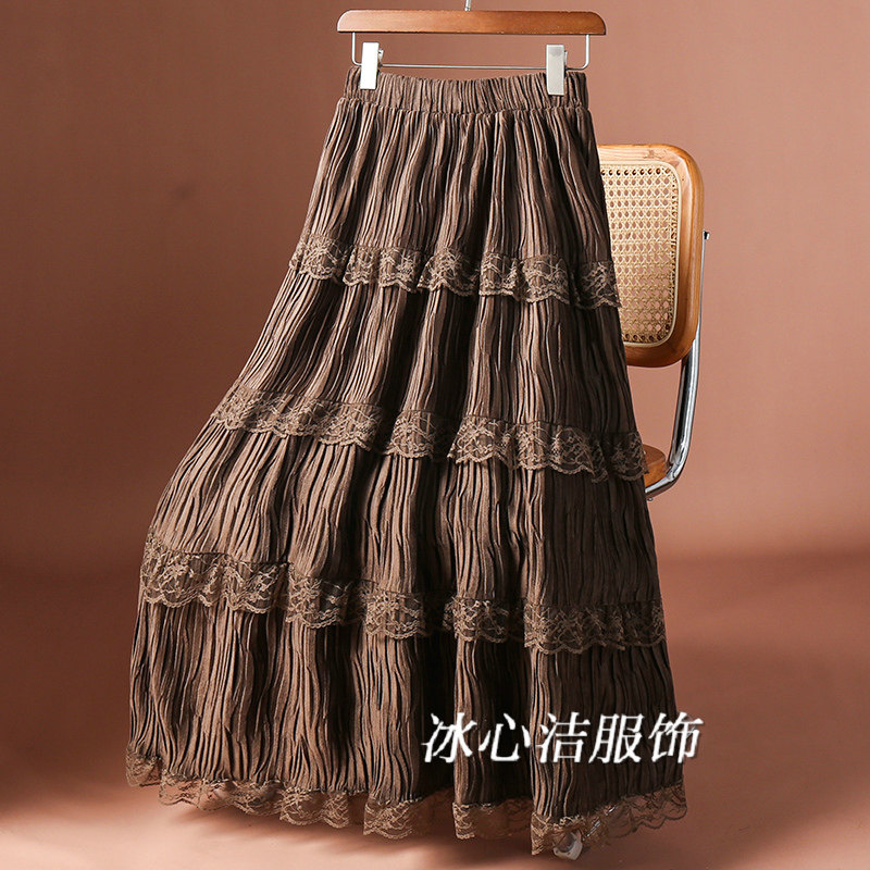 法式蛋糕蕾丝花边丝绒褶皱半身裙女2026新款中长款大摆裙长裙半裙