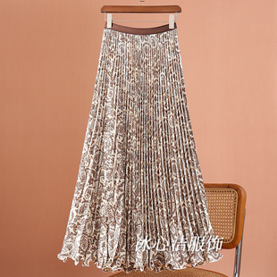 卡其色复古民族风印花半身裙女秋冬2025新款波浪花边大摆百褶长裙