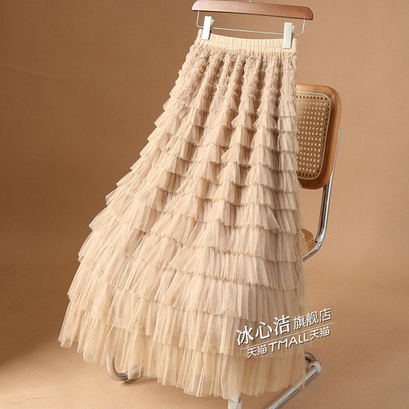 夏日2025新款长款层层网纱蛋糕裙半身裙女白色裙子仙女裙纱裙长裙