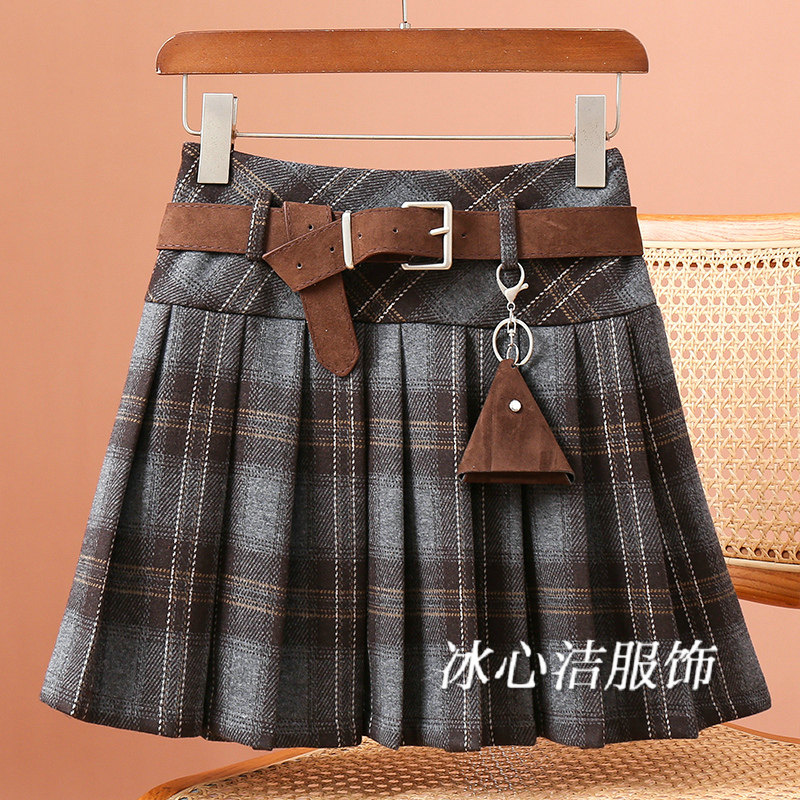 冬天复古格子百褶加厚毛呢短裙半身裙女2025秋冬新款A字裙子冬裙