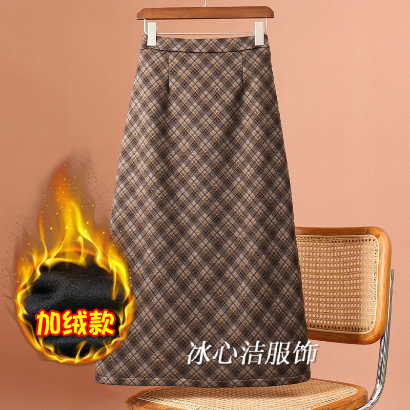 冬天复古格子裙加绒加厚毛呢半身裙女秋冬2025开叉直筒长裙子冬裙