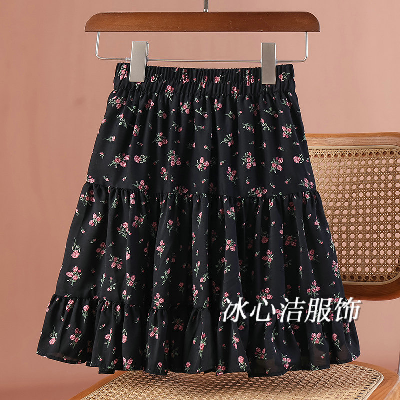 夏季新款碎花雪纺短裙半身裙女夏天荷叶边小个子高腰显瘦裙子半裙