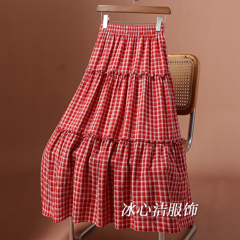 法式复古红色格子拼接蛋糕半身裙女夏季2025新款高腰A字大摆伞裙