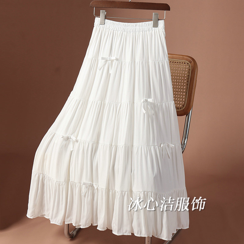 白色冰丝棉垂感大摆蝴蝶结蛋糕裙半身裙女夏季新款显瘦裙子长裙