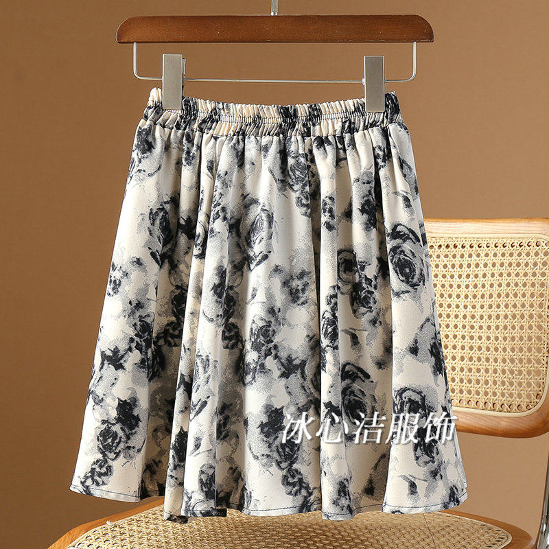 复古水墨花雪纺半身裙A字短裙女夏季薄款小个子百搭裙子伞裙半裙