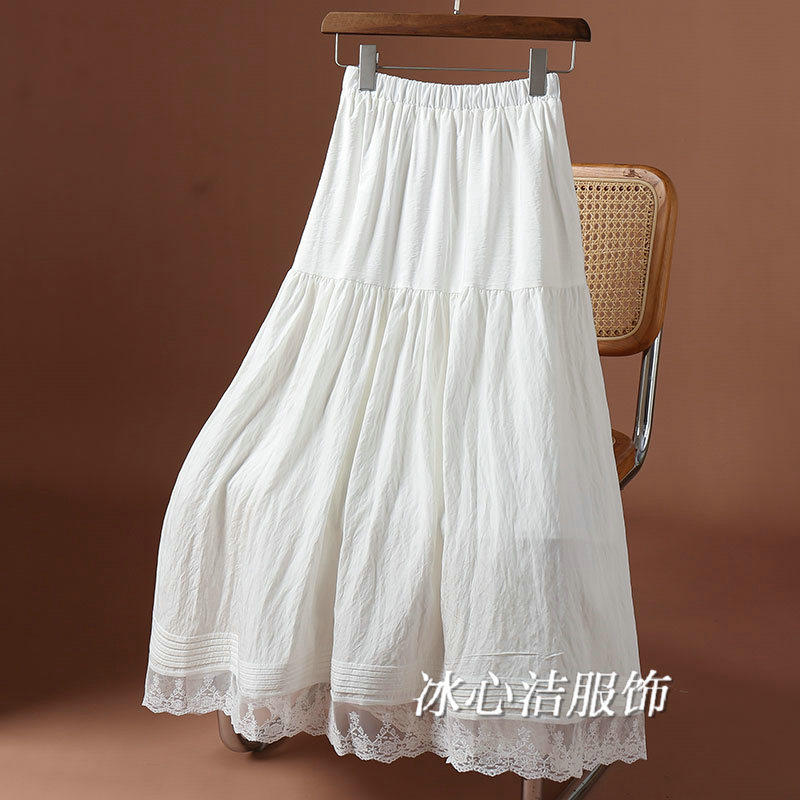白色压褶拼接花边半身裙女2025秋冬新款高腰显瘦中长裙大摆长裙子