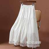 白色压褶拼接花边半身裙女2026春季 新款 高腰显瘦中长裙大摆长裙子