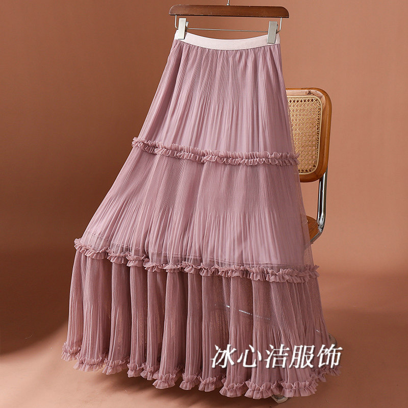 木耳边拼接网纱蛋糕半身裙女2026春季新款层层花边裙子长裙半裙