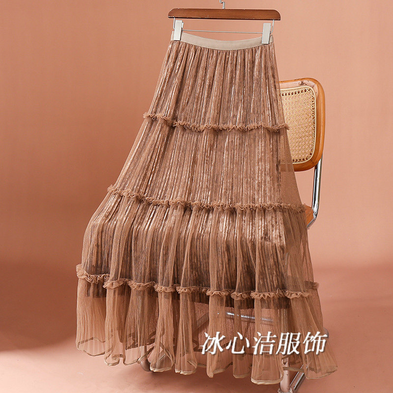 好看木耳边网纱丝绒蛋糕裙半身裙女早春2026新款纱裙长裙冬裙半裙