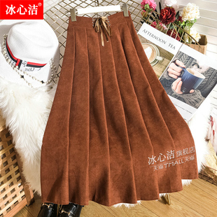 春秋法式复古焦糖色灯芯绒半身裙女秋冬新款棕色裙子长裙百褶半裙