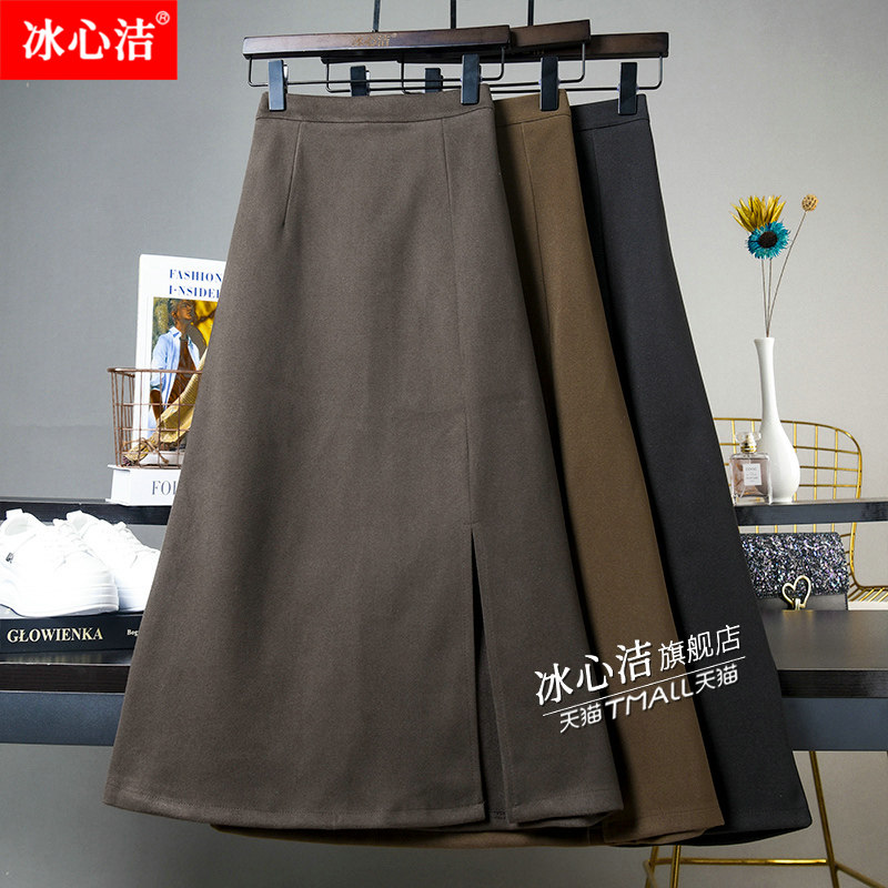 秋冬前开叉毛呢西装半身裙秋冬女中长款高腰咖色半裙呢子裙子长裙