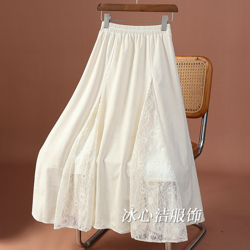 秋冬麂皮绒拼接蕾丝半身裙女秋季2025新款中长款显瘦大摆a字半裙