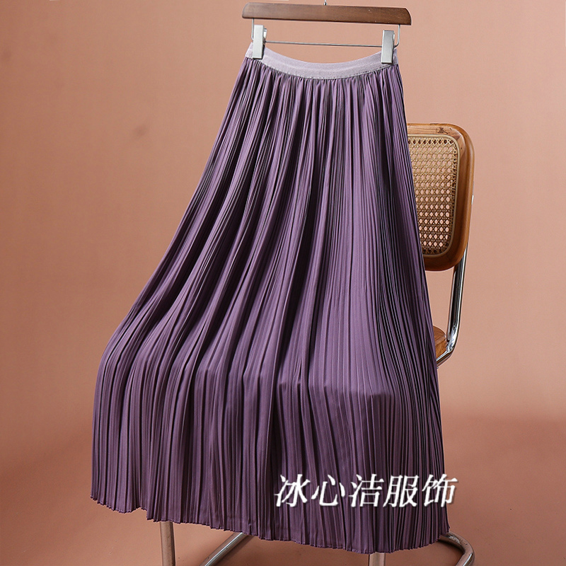 高级感紫色压褶垂坠感大摆半身裙女2025新款高腰中长款显瘦百褶裙