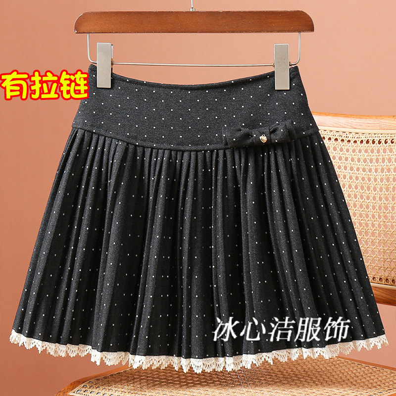 秋冬高级感波点蝴蝶结花边百褶短裙半身裙女2025冬季新款裙子冬裙