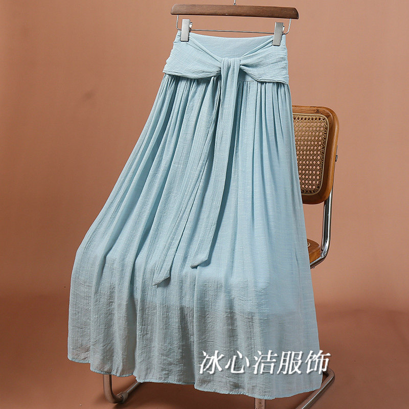 夏天薄款新中式绑带仿棉麻大摆半身裙女2025夏季新款显瘦A字裙长