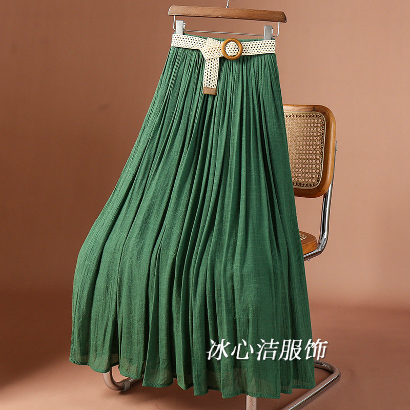 复古仿棉麻垂感长款半身裙女夏季2025新款新中式腰带显瘦大摆长裙