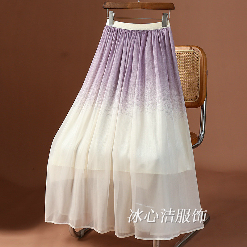 夏天薄款渐变珠光纱大摆半身裙女2025新款高腰显瘦中长款裙子伞裙