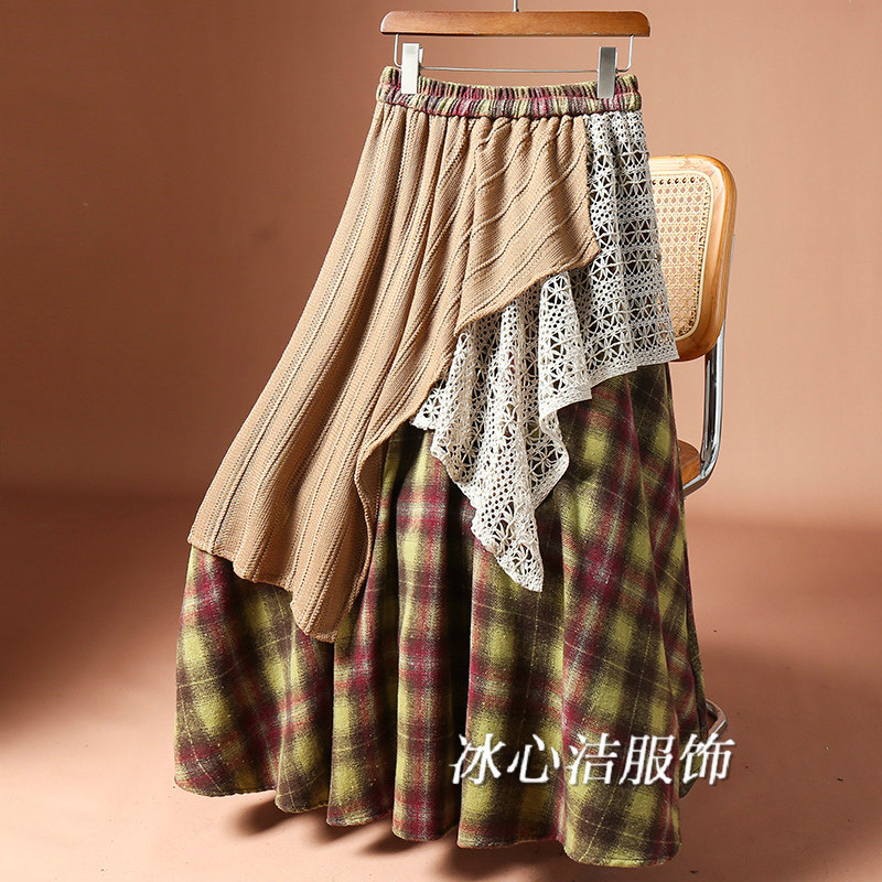 设计感不规则毛呢格子半身裙女2025秋冬新款高腰显瘦休闲大摆裙