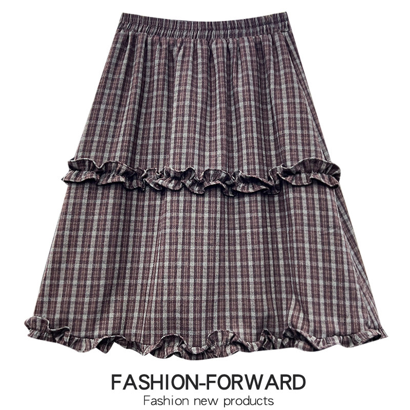 复古格纹毛呢短裙半身裙女2025秋冬新款木耳边显瘦a字裙中裙伞裙
