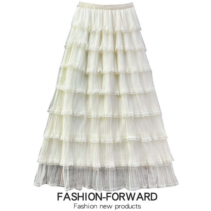 好看花边褶皱纱裙蛋糕裙半身裙女早春2026新款白色长款网纱长裙子