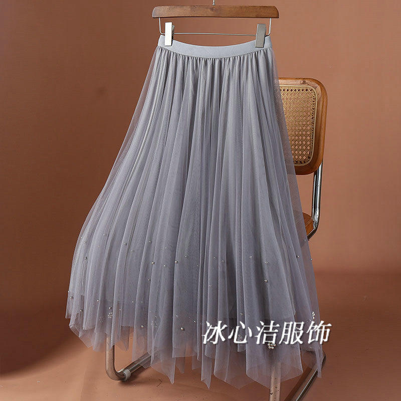 灰色不规则钉珠网纱半身裙女2026春夏新款高腰蓬蓬裙子a字裙伞裙