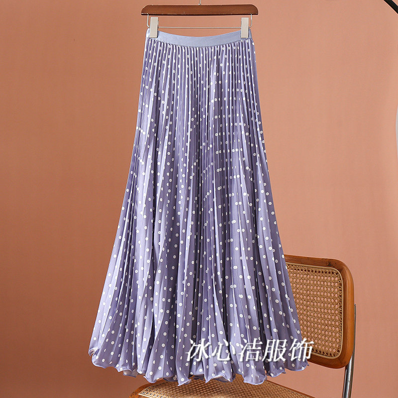 巨好看紫色波点垂感长款百褶裙半身裙女秋冬到脚踝舞蹈大裙摆长裙