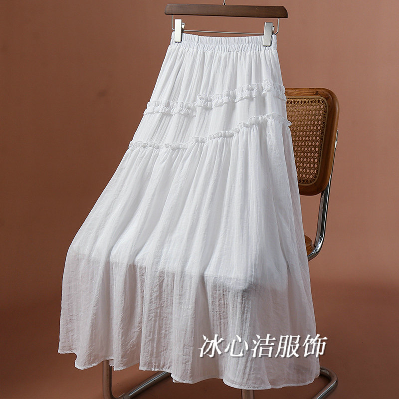 春天薄款白色不规则木耳拼接半身裙春季2026新款显瘦A字大摆长裙
