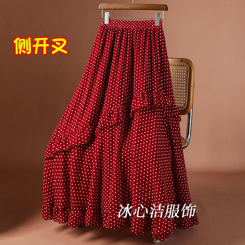复古酒红色波点雪纺开叉半身裙女夏季2025新款荷叶边大摆长裙伞裙
