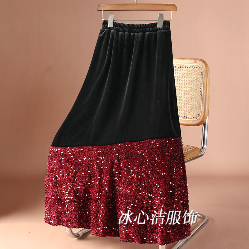 高级感金丝绒拼接亮片半身裙女秋冬新款高腰显瘦A字大摆裙子长裙