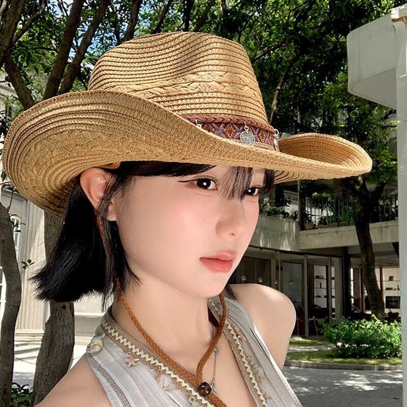 民族风草编西部牛仔帽子女夏季新疆旅游大帽檐草帽遮阳防晒爵士帽