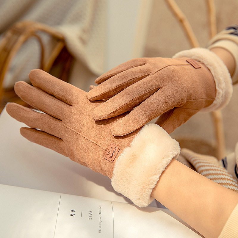 鹿皮绒手套棉加厚冬季加绒韩版大学生保暖女生可爱女士秋冬季防寒