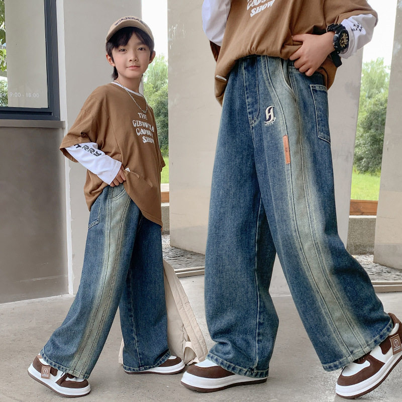男童裤子春秋儿童秋装直筒牛仔阔腿裤2025新款大童宽松休闲长裤