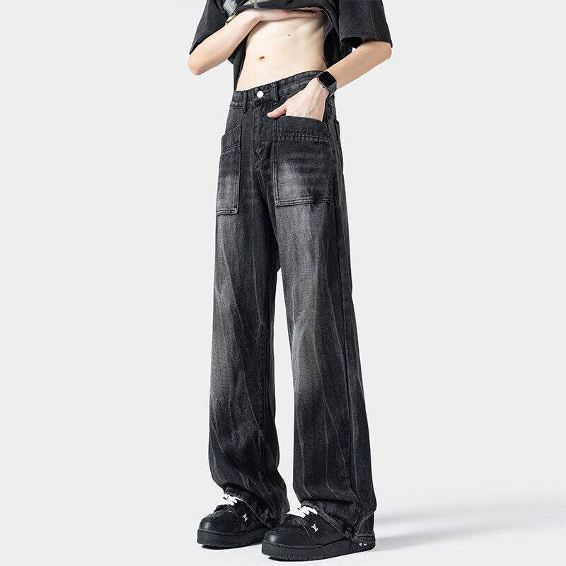跨境痞帅牛仔裤男款2026潮牌宽松闪电纹路直筒高街阔腿休闲长裤子