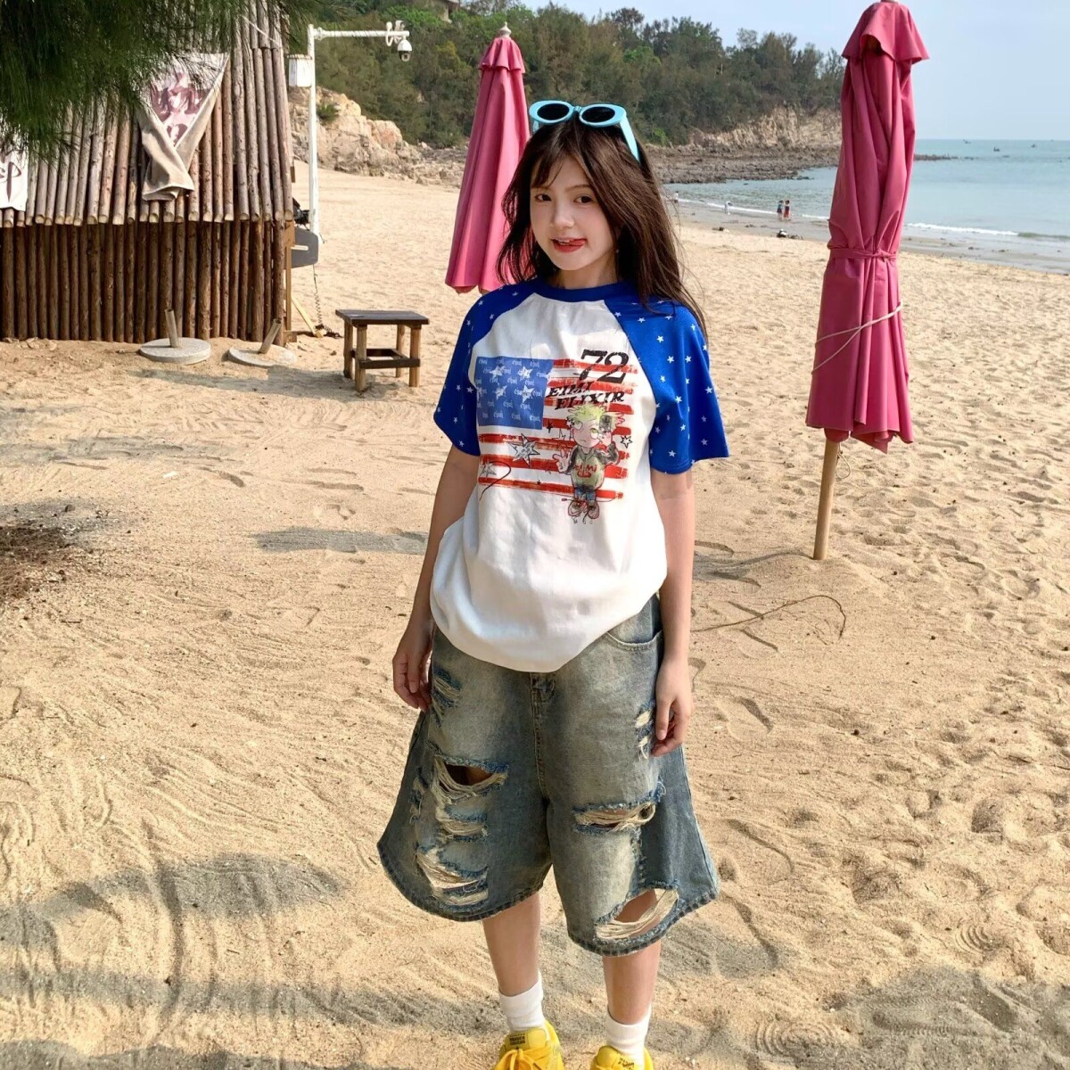美式复古水洗破洞牛仔短裤男女同款夏季宽松个性百搭阔腿五分裤潮