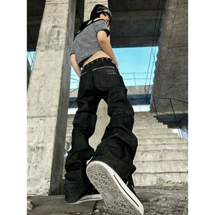 微喇堆积四线窄幅黑色刺绣原牛牛仔裤男女款直筒显瘦休闲vibe裤子