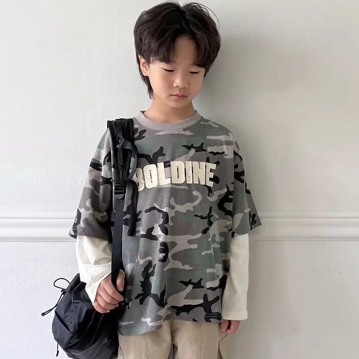 韩国童装青少年迷彩拼接袖T恤男