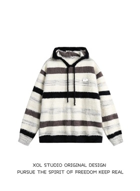 XOL 原创韩版慵懒风马海毛撞色条纹连帽针织衫男女复古百搭毛衣