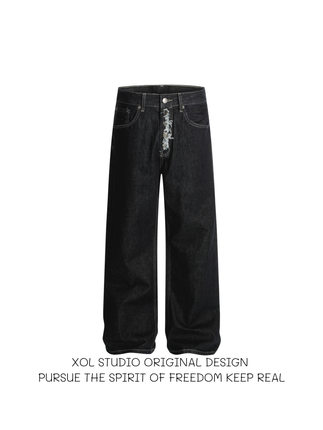 XOL 美式复古排扣原牛微喇直筒cleanfit牛仔裤男女宽松阔腿休闲裤