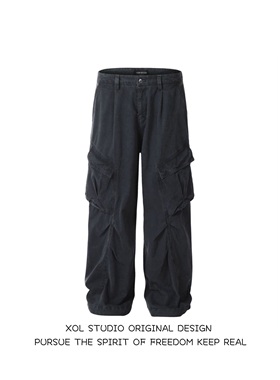 XOL 美式复古解构设计感工装裤男女宽松直筒阔腿褶皱垂感休闲长裤