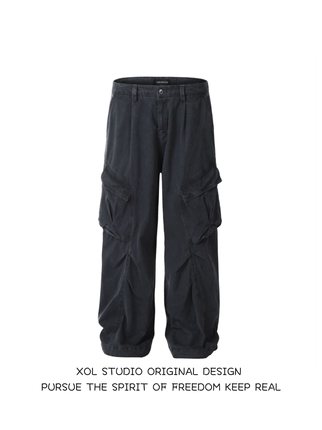 XOL 美式复古解构设计感工装裤男女宽松直筒阔腿褶皱垂感休闲长裤