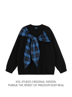 XOL 原创韩版学院风格子披肩毛衣男女宽松小众蝴蝶结慵懒风针织衫