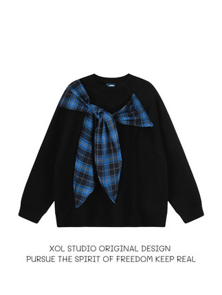 XOL 原创韩版学院风格子披肩毛衣男女宽松小众蝴蝶结慵懒风针织衫