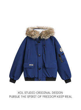 XOL 美式复古少年感工装毛领派克棉服男加厚保暖短款情侣棉服外套