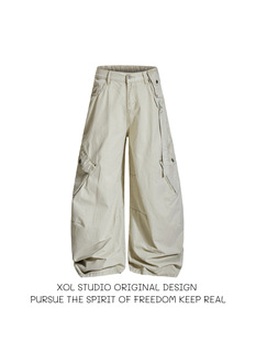 男宽松阔腿vintage休闲裤 XOL 裤 复古褶皱设计感弯刀工装 baggy 美式