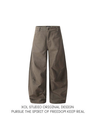 XOL 美式复古cleanfit水洗阔腿工装裤男简约百搭垂感弯刀休闲裤